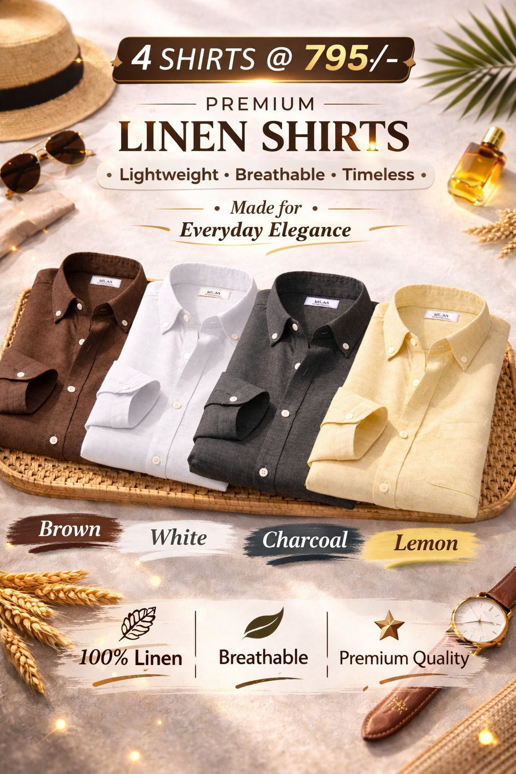 Combo Set 2 Linen Shirts Combo Pack (4 Shirts)