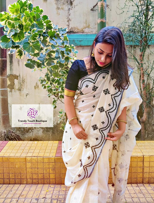Alo Chaya  - Kutch Work - Linen Saree (Made to Order)